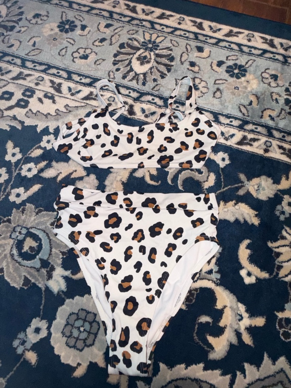 Womens White Leopard Print, Rust, and Olive Green Two-Piece Style Swim Set
